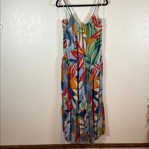 GOA by Japna Blue Tropical Botanical Tiered Midi Dress Size XL